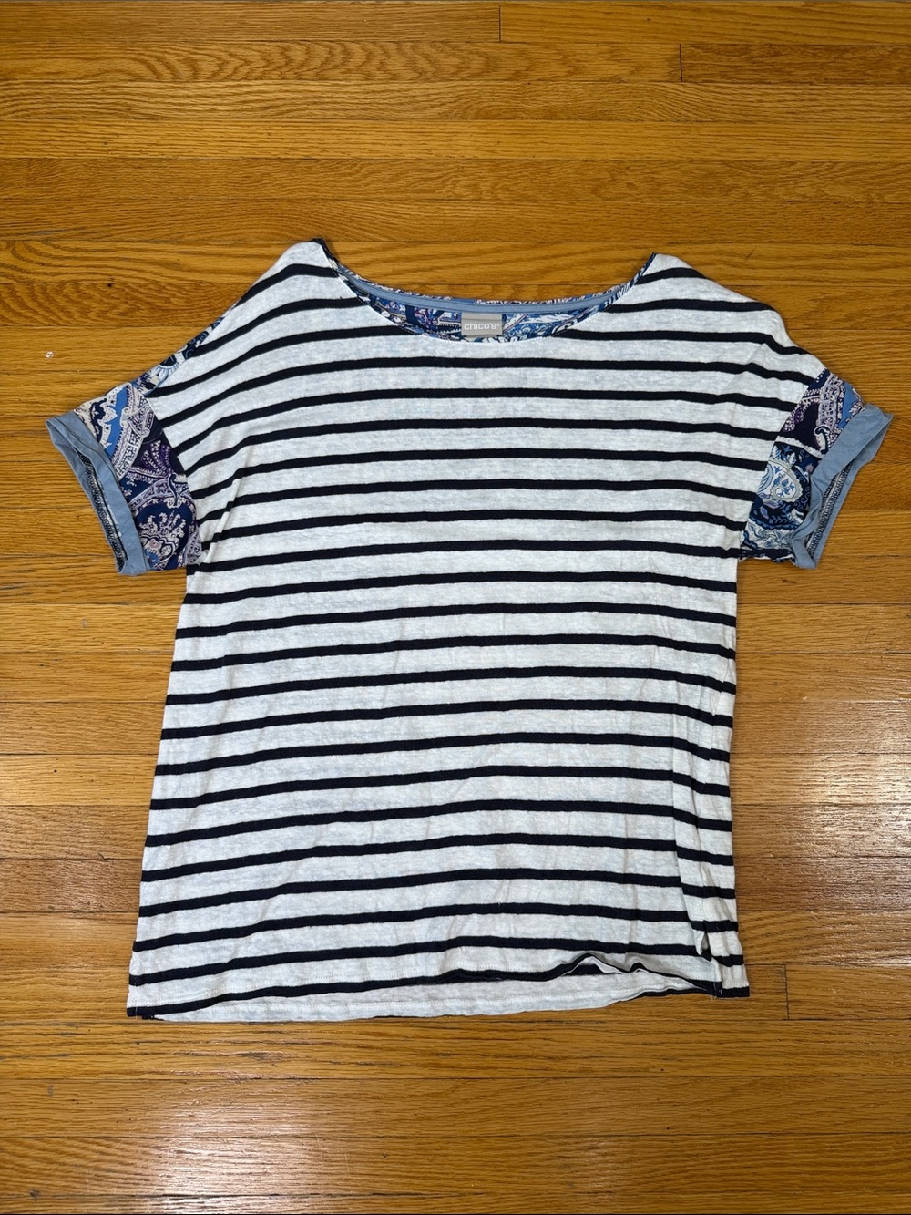 Striped Short Sleeve Tee with Paisley Sleeve Detail
